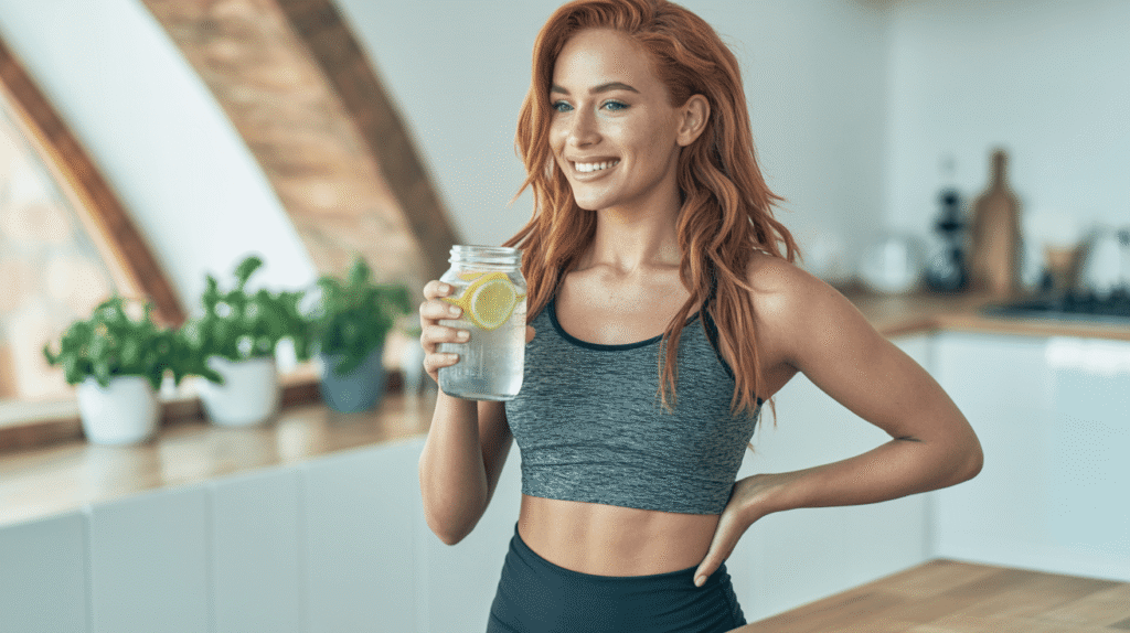 Diana having a glass of lemon water